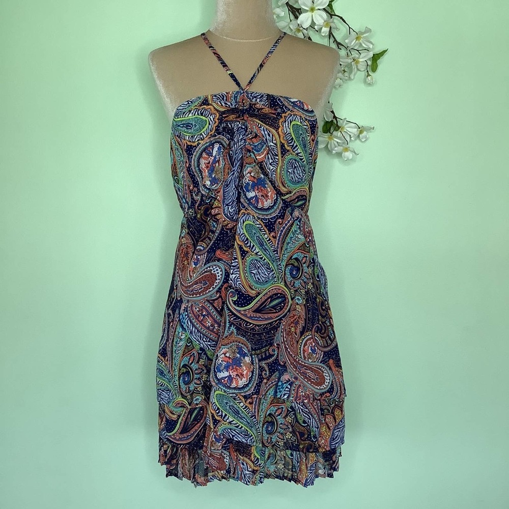 Camilla Tree Chiffon Halter Sweetheart Mini Dress Accordion Pleats Paisley Print